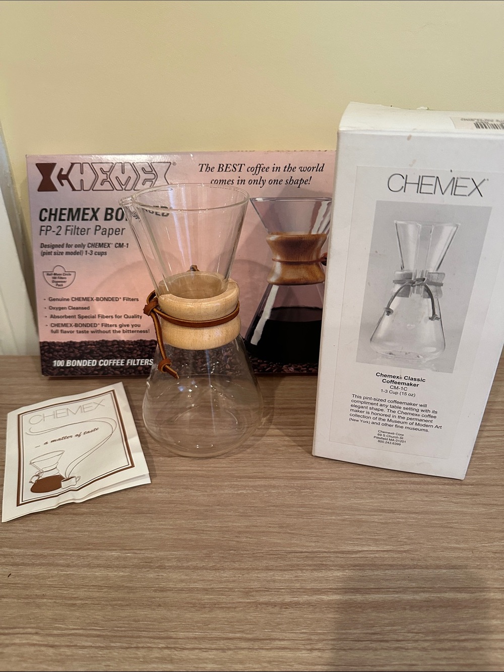 Chemex 1-3 Cup Coffee Maker with original box and FP-2 Filters Included
